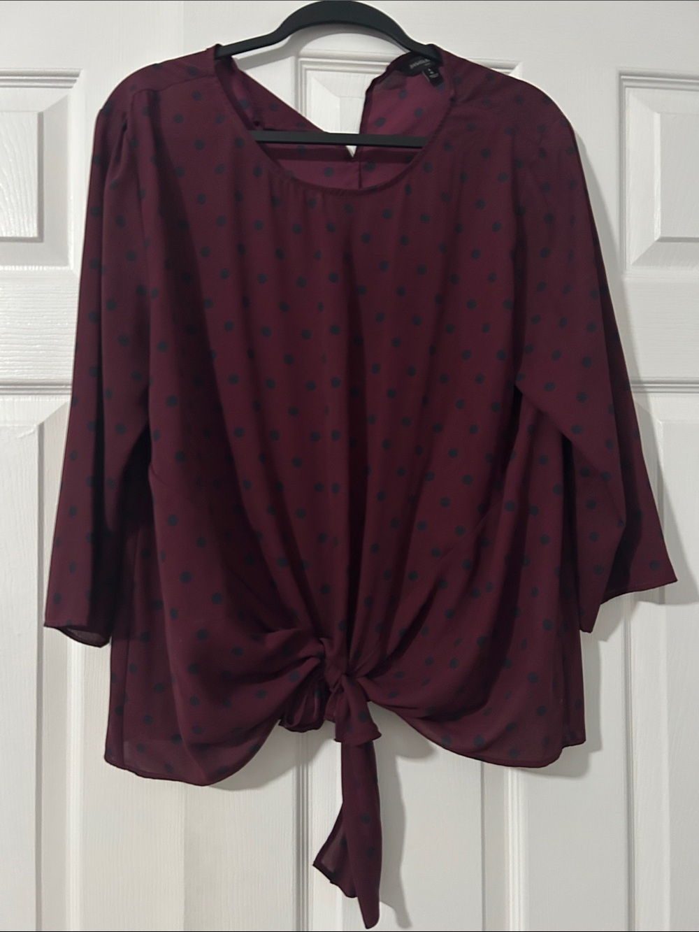 Banana Republic Burgundy Blouse with Black Polka Dots and Front Tie